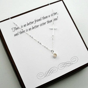 best sister gift sideways cross necklace birthstone silver
