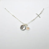 sideways cross necklace with initial gemstone birthstone