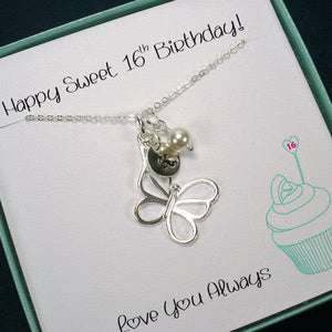 sweet 16 birthday gift, butterfly initial necklace silver