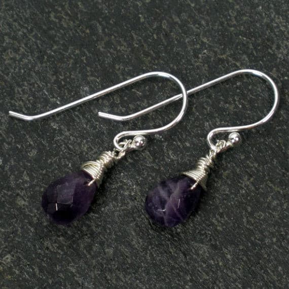 amethyst dangle earrings wrapped sterling silver