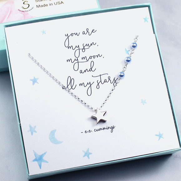 Gift for Her | Star Charm Necklace, Blue Crystal Pearls, Sterling Silver