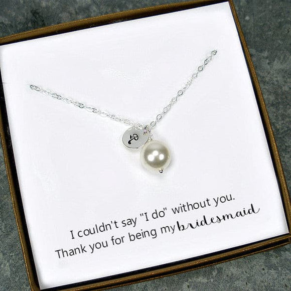 bridesmaid gift initial pearl necklace silver