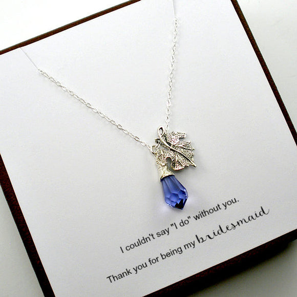 Bridesmaid Matron Maid of Honor Gift Leaf Necklace Silver