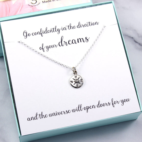 Graduation Gift for Her: Genuine Diamond Compass Necklace, Sterling Silver