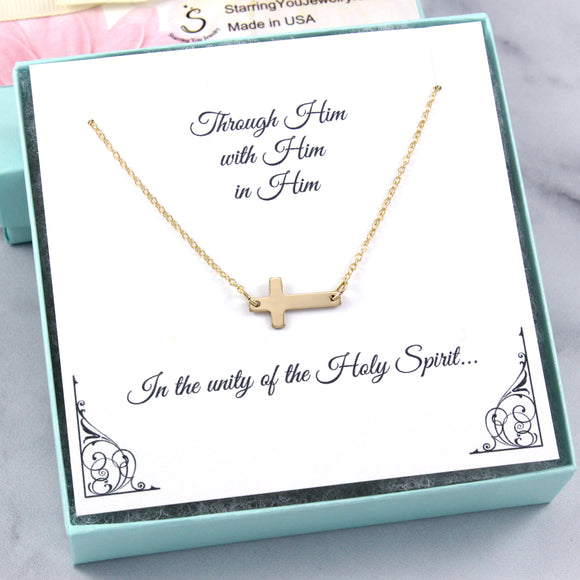 First Communion, Confirmation gift, Christian Jewelry - Gold Side Cross Necklace, 14k Gold Filled