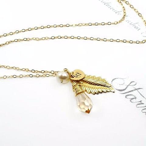 crystal initial necklace gold leaf