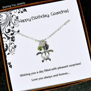Personalized Grandma Gifts Turtle Necklace with Birthstone Silver