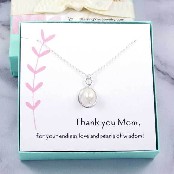 Mom Gift - Mom Pearl Necklace, Sterling Silver