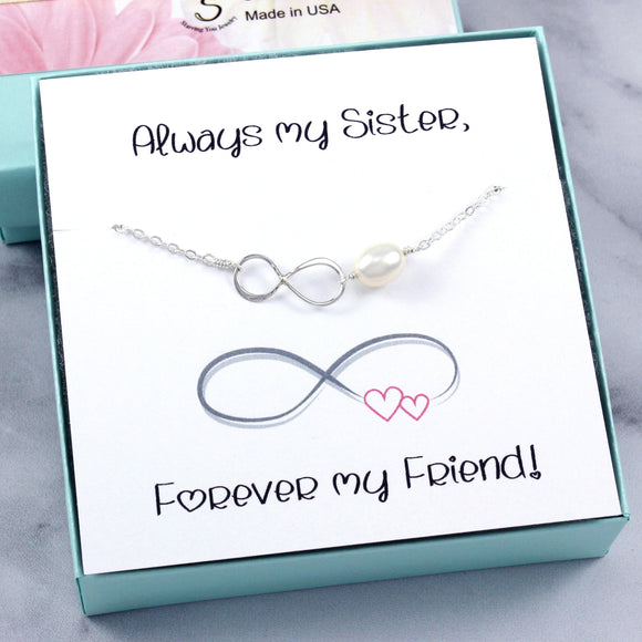Sister Gift: Infinity Pearl Bracelet, Sterling Silver