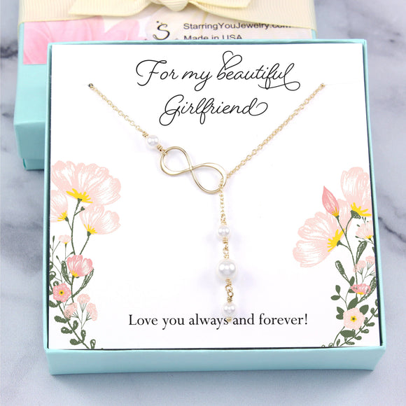 Valentine's Day Gift: Pearl Lariat Infinity Necklace, 14k Gold-Filled & Plated