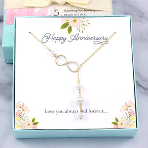Anniversary Gift: Pearl Lariat Infinity Necklace, 14k Gold-Filled & Plated