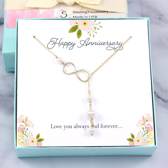 Anniversary Gift: Pearl Lariat Infinity Necklace, 14k Gold-Filled & Plated