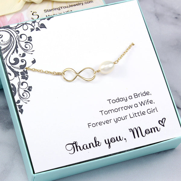 Mother of the Groom Gift: Infinity Pearl Bracelet, 14k Gold Filled