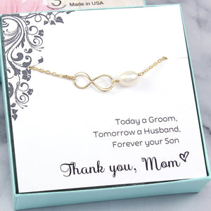 Mother of the Groom Gift: Infinity Pearl Bracelet, 14k Gold Filled