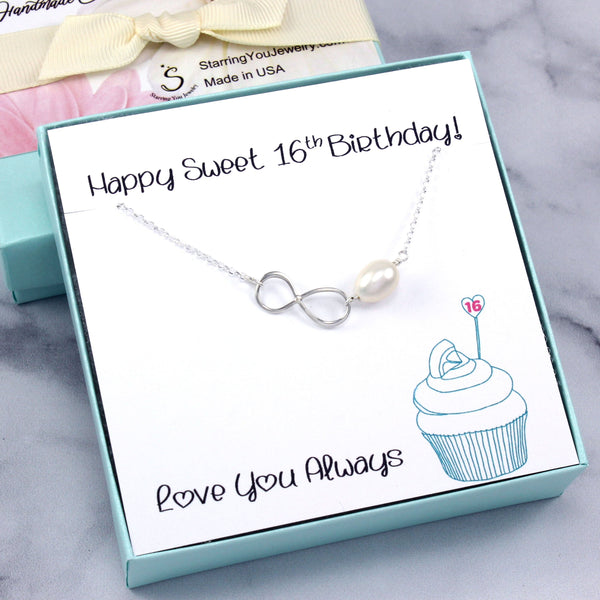 Sweet 16 Birthday Gift - Infinity Pearl Necklace, Sterling Silver