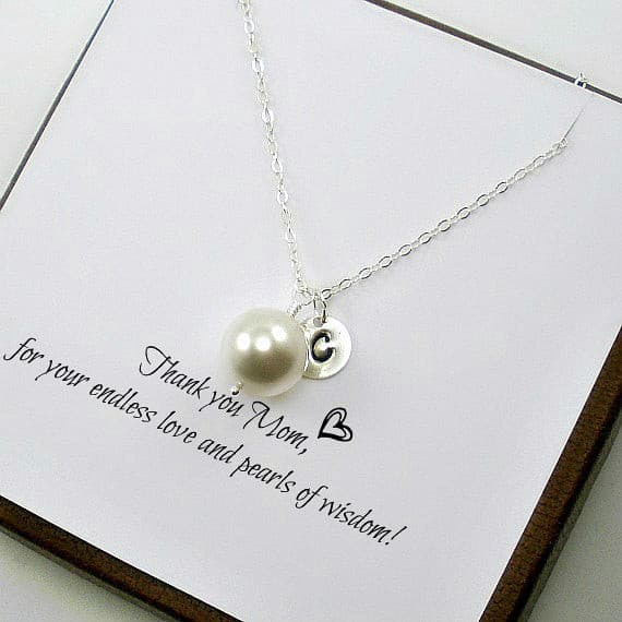 personalized mom gift initial pearl necklace silver