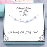 Christian Gifts: Sideways Cross Bracelet with Blue Pearls, Sterling Silver