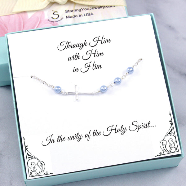 Christian Gifts: Sideways Cross Bracelet with Blue Pearls, Sterling Silver