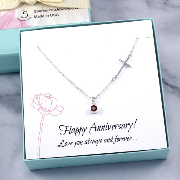 Anniversary Gift for Her - Sideways Cross Gemstone Necklace, Sterling Silver