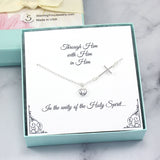 First Communion Gift for Girls - Side Cross Heart Charm Necklace, Sterling Silver