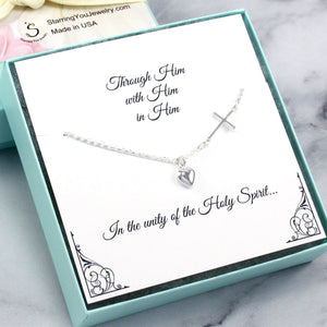 First Communion Gift for Girls - Side Cross Heart Charm Necklace, Sterling Silver