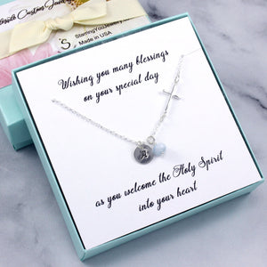 First Communion, Confirmation Gift - Side Cross Birthstone Initial Necklace, Sterling Silver