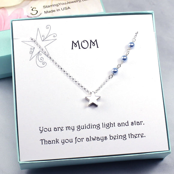 Gift for Mom | Star Charm Necklace, Blue Crystal Pearls, Sterling Silver