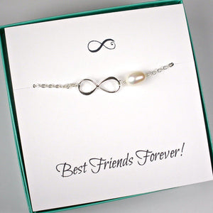 best friend gift, infinity pearl bracelet sterling silver