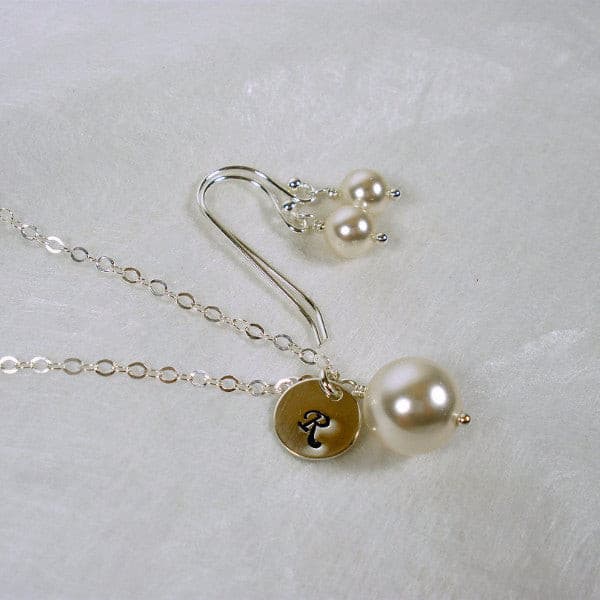 initial pearl necklace earrings set wedding party gift
