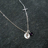sideways cross necklace with initial amethyst gemstone