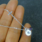 sideways cross necklace with initial amethyst gemstone