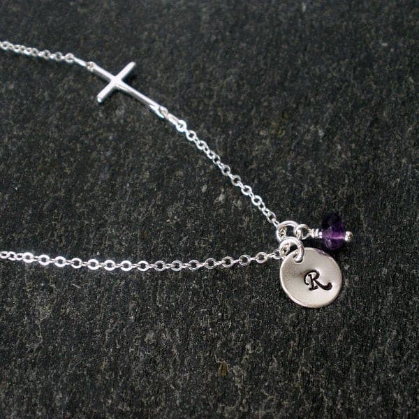 sideways cross necklace with initial amethyst gemstone