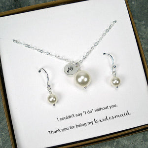 personalized bridesmaid gift initial pearl jewelry set silver