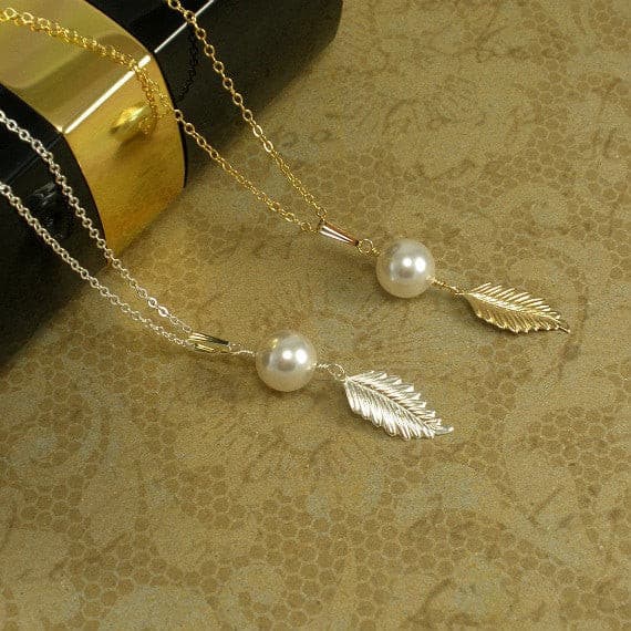 pearl leaf necklace gold or silver