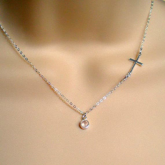 Sideways Cross Necklace with Gemstone Sterling Silver