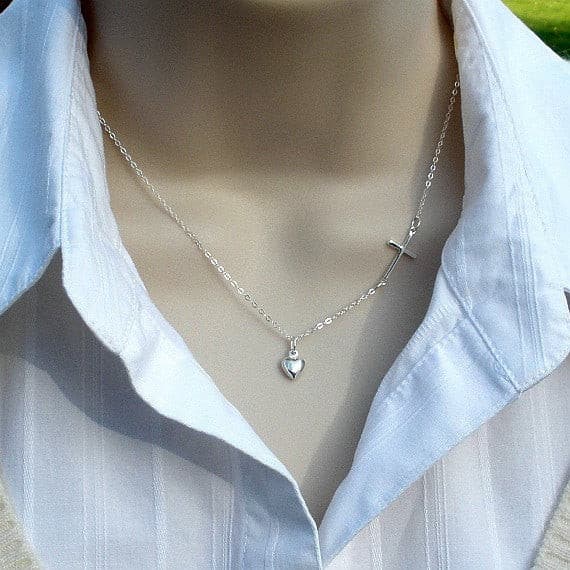 sterling silver sideways cross necklace with heart charm