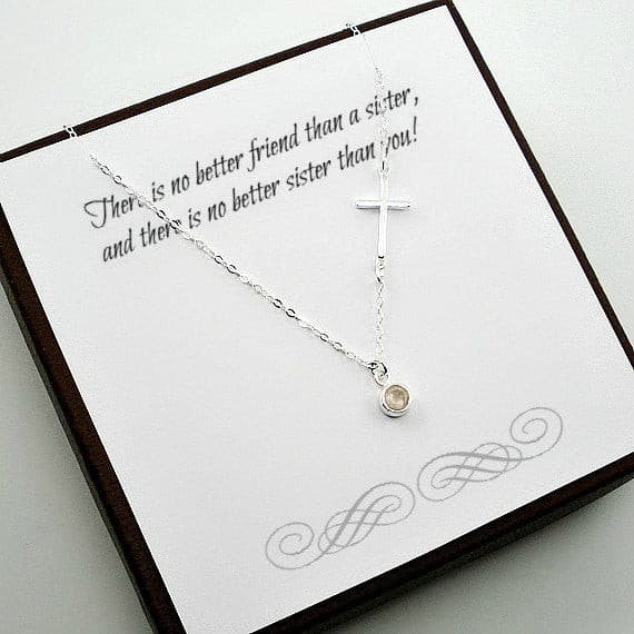 best sister gift sideways cross necklace birthstone silver