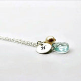personalized initial necklace silver blue charm