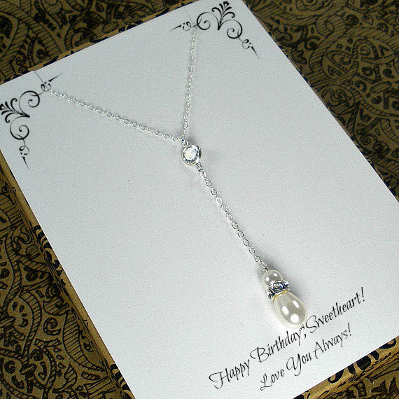 Birthday Gift for Her, wife, girlfriend, White Pearl Necklace, Pearl Drop, Pearl Y, Lariat style, sterling silver, Birthday Message card jewelry