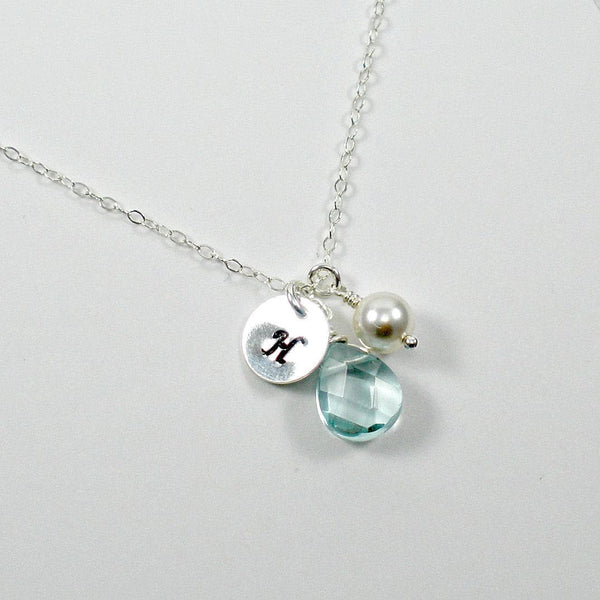 personalized initial necklace silver blue charm