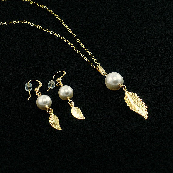 pearl leaf jewelry set gold or silver
