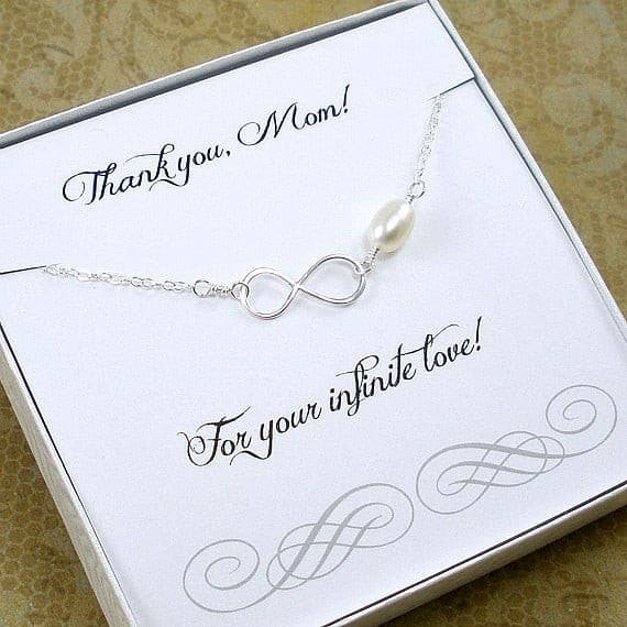 Mom Gifts: Infinity Pearl Bracelet, Message Card Jewelry, Silver