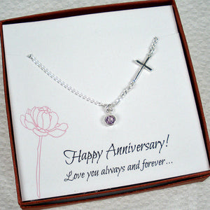 Anniversary Gift for Her - Sideways Cross Gemstone Necklace, Sterling Silver