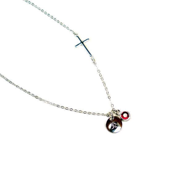 Sideways Cross Necklace with Initial and Gemstone Birthstone
