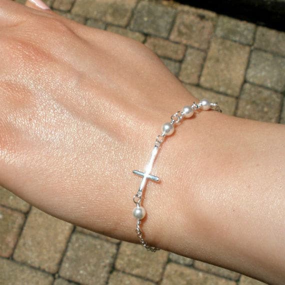pearl sideways cross bracelet sterling silver