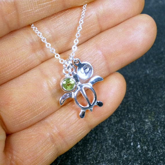 Personalized Grandma Gifts Turtle Necklace with Birthstone Silver